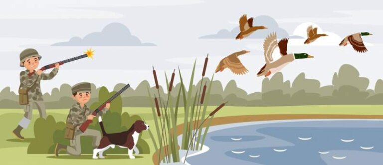 hunters shooting flying wild ducks near pond